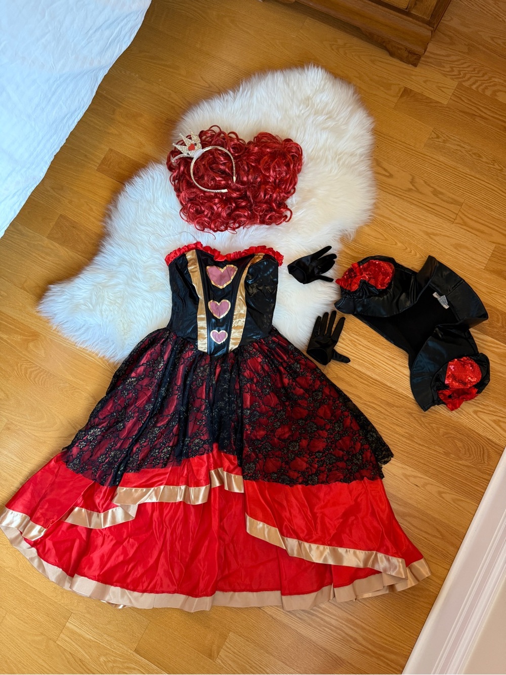 Halloween Red and Black Queen Costume Dress and Accessories with Gold Accents